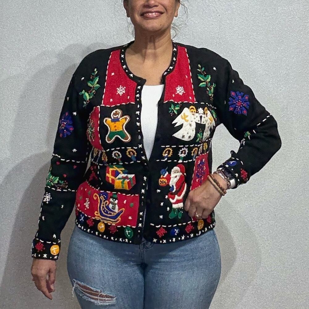 Designers Originals Studio Black Christmas Vintage Cardigan Sz L